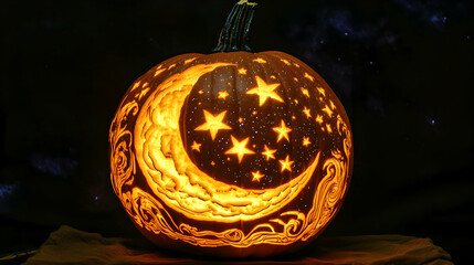 An intricately carved pumpkin featuring a crescent moon and stars, radiating warm light in a dark, mysterious setting. This artistic Halloween decoration is perfect for celestial-themed celebrations.