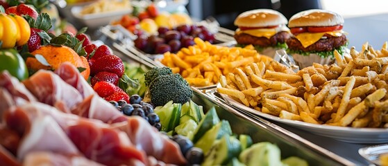 A healthy catering buffet with fresh fruit, lean meats, and vegetables next to a fast food table serving fried chicken and fries.