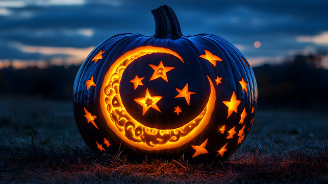 A beautifully carved pumpkin with a crescent moon and star design, glowing warmly against a twilight sky. The intricate celestial theme adds a magical touch to the Halloween celebration - Powered by Adobe