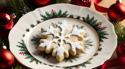 A beautifully frosted Christmas cookie shaped like a snowflake, placed on a plate surrounded by festive decorations.