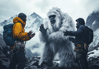 A fictional encounter between mountaineers and a yeti creature in the Himalayan mountains. The yeti is a friendly creature