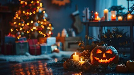 Fototapeta premium Festive Halloween and Christmas Interior with Glowing Pumpkin