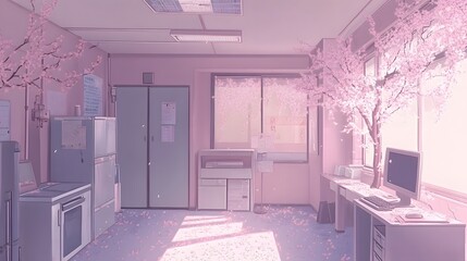 Fototapeta premium Serene office with pink cherry blossoms, creating a peaceful atmosphere.