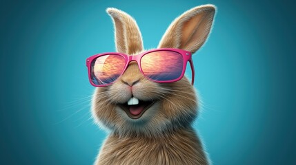 Cool bunny wearing sunglasses with sunset reflection on a vibrant blue background