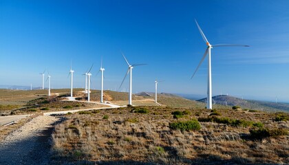 거대한 터빈 블레이드가 회전하며 풍력을 생산하는 풍력발전기 단지