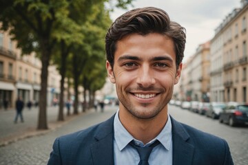 Close portrait of a smiling young Portuguese businessman looking at the camera, Portuguese big city outdoors blurred background