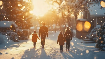 A family of four walking in the snowy sunset, capturing a peaceful winter moment.