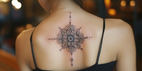 Elegant mandala tattoo displayed on the back of a woman in a cozy, warmly lit space during a casual evening