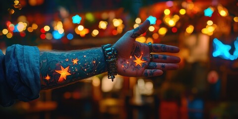 Unique tattoo art illuminated by festive lights showcasing intricate designs and vibrant colors during a nighttime celebration