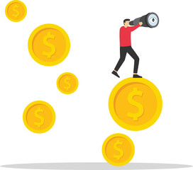 Businessman standing on flying dollar coins with binocular, analysing and looking for a good trade. Modern vector illustration in flat style

