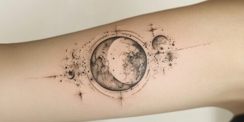 Cosmic artistry displayed through intricate tattoo design featuring celestial bodies and starry details