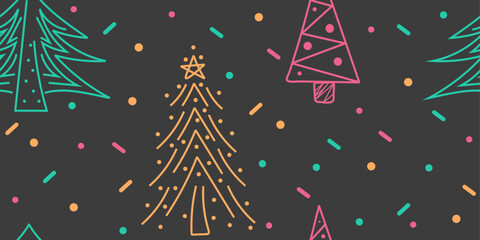 Seamless winter pattern: christmas trees, colorful sprinkles, dots. Doodle vector hand drawn illustration in blue, yellow, pink, grey colours for cards, banners, wallpaper, textile, wrapping	