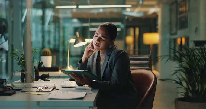 Thinking, tablet and business woman in office for research project, website and online proposal. Professional, corporate and person on digital tech for planning, networking and report at night