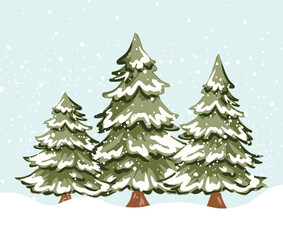 Hand drawn snowy Christmas trees in a serene winter landscape with falling snowflakes vector illustration