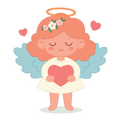 Cute angel girl with blue wings in a white dress with red hair takes heart in hands isolated on a white background