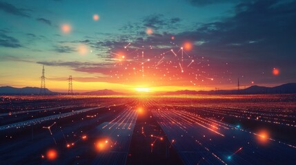 Fototapeta premium Solar Farm at Sunset with Glowing Digital Elements