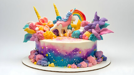 A galaxy-themed unicorn cake with vibrant colors and cosmic decorations.