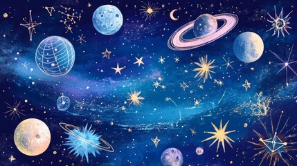 Naklejka premium Celestial Tattoo Design, intricate illustration featuring stars, moons, and planets, ideal for astrology lovers seeking unique body art inspiration