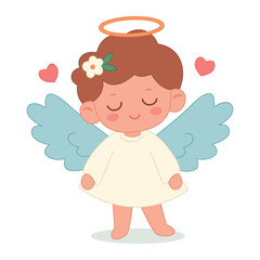 Cute angel girl with blue wings in a white dress with brown hair isolated on a white background