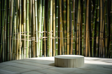Obraz premium Minimalist podium in a tranquil bamboo forest ideal for nature inspired presentations. Clean podium amidst tall bamboo for eco-friendly product displays.
