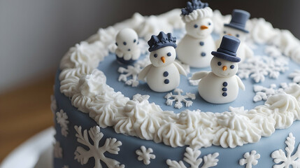 A charming winter cake featuring a snowman family and white frosted accents.