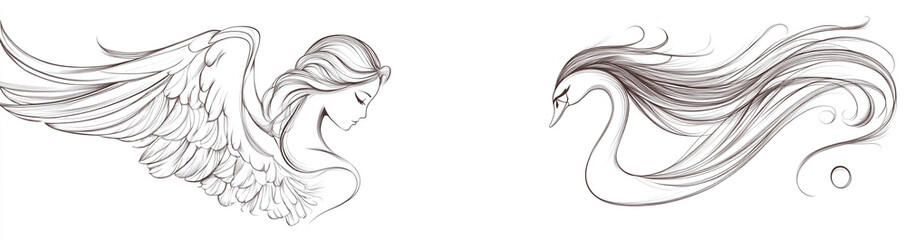 Two simple line drawings, one of an angel and one of a swan, both in profile