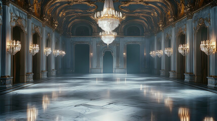 Obraz premium An ornate ballroom with arched ceilings and dazzling chandeliers, exuding luxury and elegance.