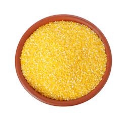 Raw cornmeal in bowl isolated on white, top view
