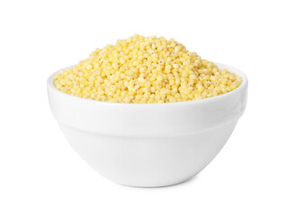Millet groats in bowl isolated on white