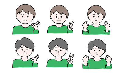 男性イラストセットド／OKド／ピースド／ガッツポーズ