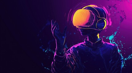 Fototapeta premium Futuristic Neon Illustration of a Person in VR Headset