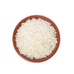 Raw rice in bowl isolated on white, top view