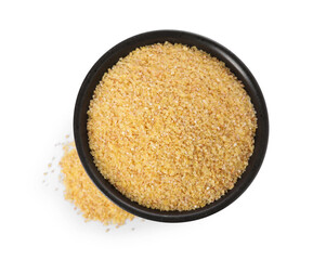 Raw wheat groats in bowl isolated on white, top view