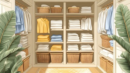 Bright and organized closet with neutral tones and neatly folded linens.