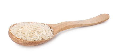 Spoon with raw rice isolated on white