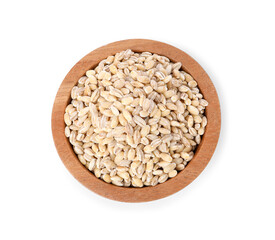 Pearl barley groats in bowl isolated on white, top view