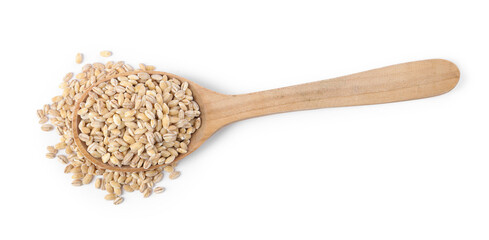 Spoon with pearl barley groats isolated on white, top view