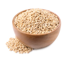 Pearl barley groats in bowl isolated on white