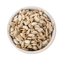 Peeled sunflower seeds in bowl isolated on white, top view