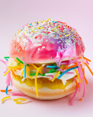 A glittery hamburger with layers of shimmering toppings and confetti embellishments. A vibrant and...