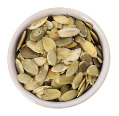 Peeled pumpkin seeds in bowl isolated on white, top view