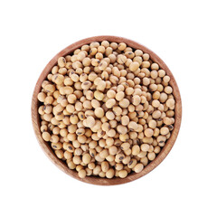 Soy beans in bowl isolated on white, top view