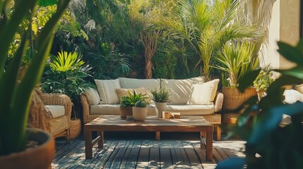 Cozy Outdoor Terrace Retreat, inviting space adorned with lush greenery, ideal for leisurely afternoons and intimate social gatherings in a serene environment
