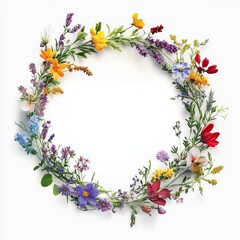 A beautifully vibrant spring floral round frame exquisitely decorated with multicolored wildflowers, making it perfect for crafting a cheerful and uplifting atmosphere for any occasion