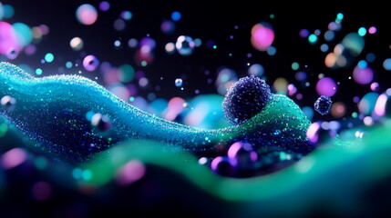 An abstract wave of blue and green particles flowing across a dark background, symbolizing data streams
