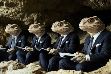 Four men dressed in suits and ties sit in a cave, each holding a book