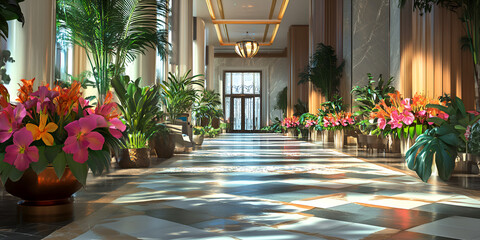 Elegant Hotel Lobby Decorated with Fresh Flowers and Sunlight