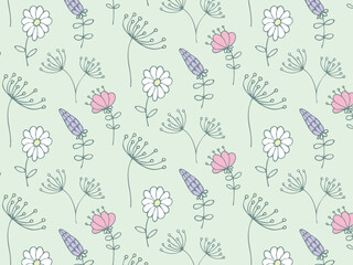 Seamless multicolored pastel botanic pattern of flowers, plants in flat style. Elegant, aesthetic, stylish hand drawing doodles of vector vintage botanical elements. 