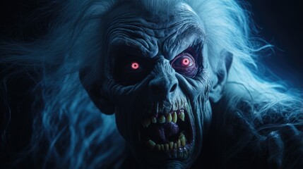 A creepy scary creature in the dark. The concept of horror and fear. A fearsome grin in the darkness.