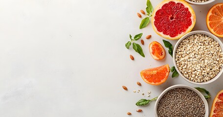 A minimalist buffet featuring healthy grains and fruits with space for text beside the image.